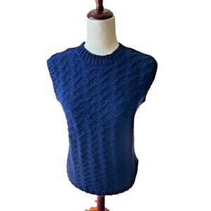 Hand Knit Chunky Navy Blue Sweater Vest  Solid Crew Neck Pull Over Preppy S/M